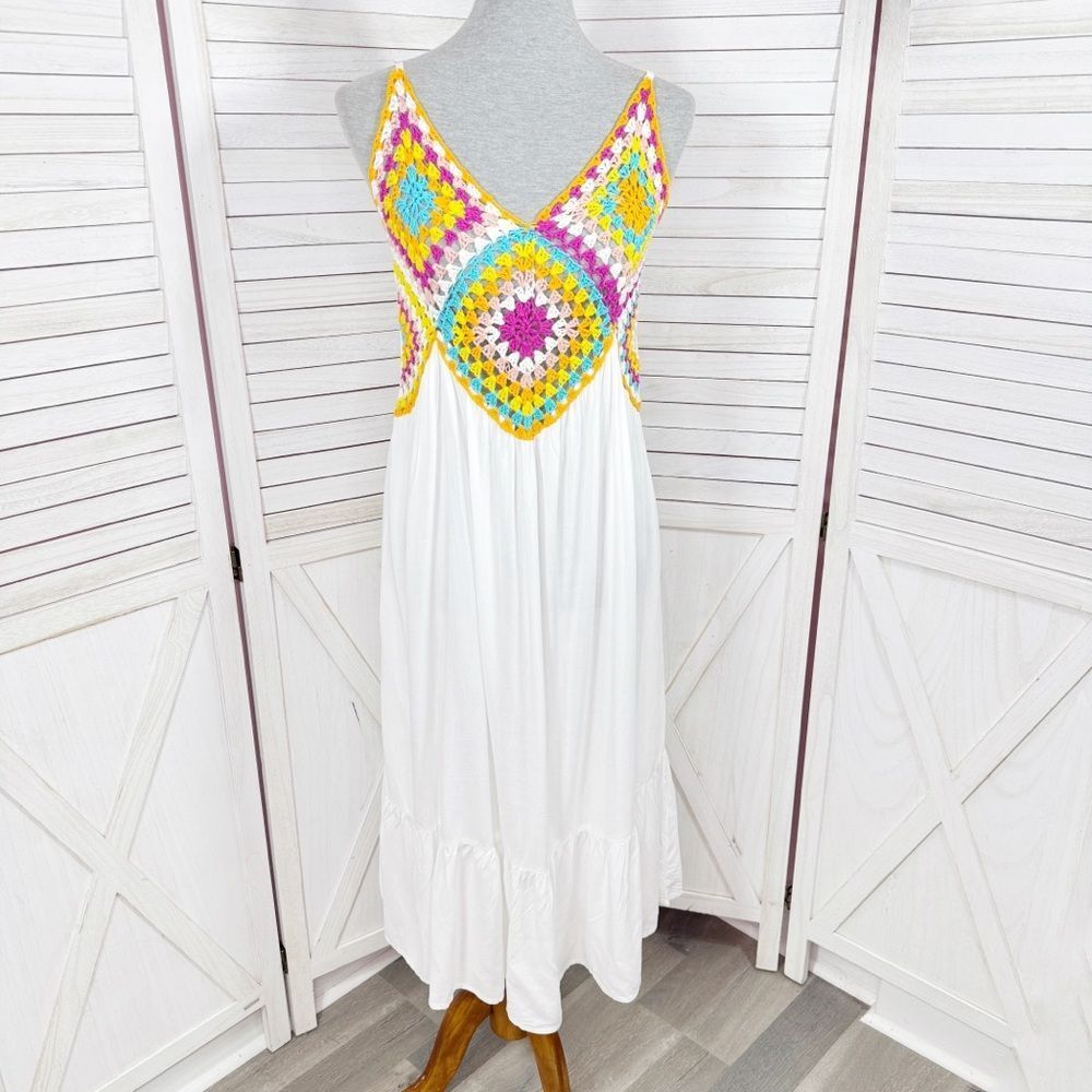 Raviya Crochet Bodice Top Tiered Boho Midi Dress Cover Up White Multi Medium